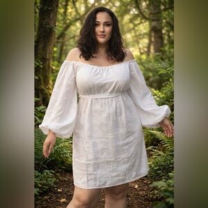 Boho Off Shoulder Cotton Dress | Knee Length White peasant dress embroidered